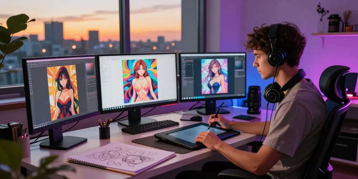 Digital artist creating stunning AI hentai illustrations in a vibrant studio.