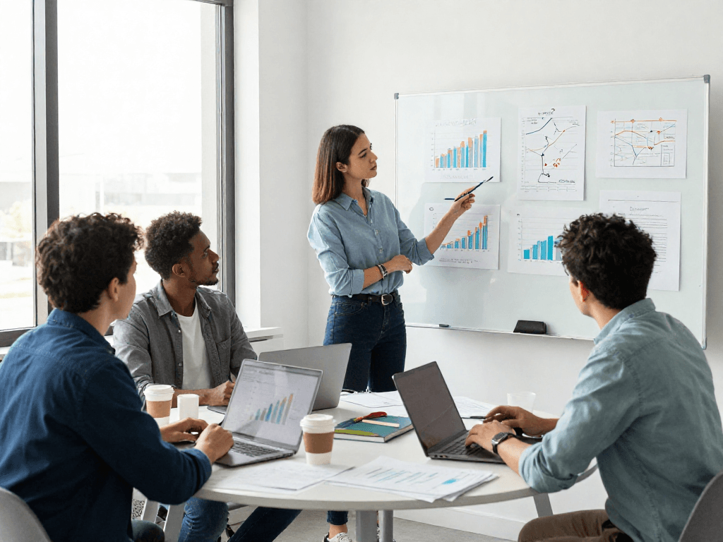 Affärsplan mall ses i ett samarbetsmöte där ett team diskuterar strategier och analyserar data.