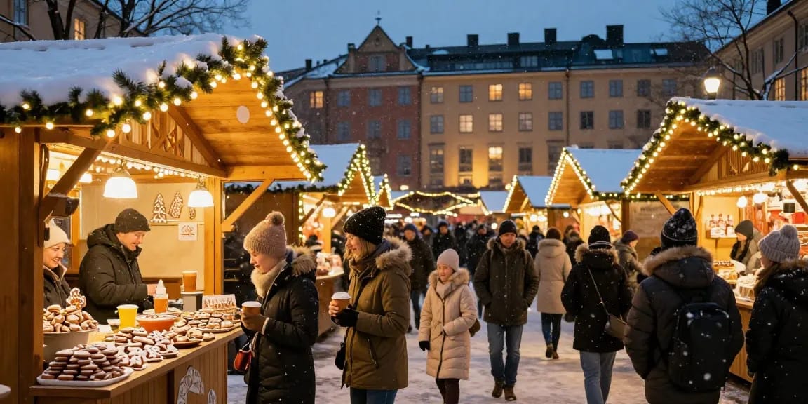 Julmarknad Stockholm med glögg, familjer och jullys i en vinterstämning.