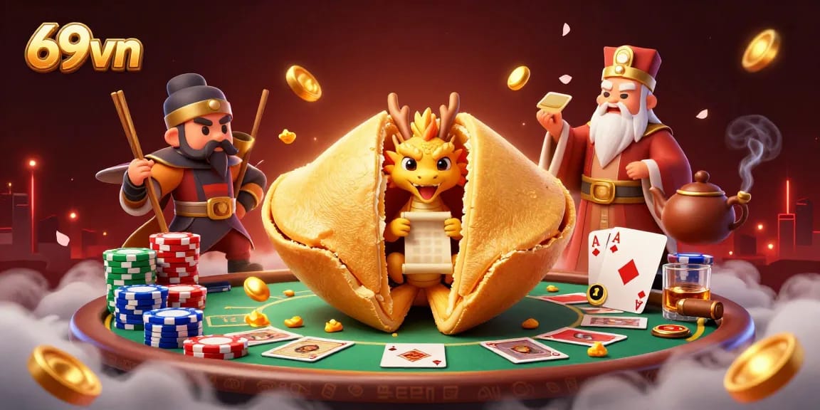 Engage with 69vn's lively casino scene featuring a golden fortune cookie and poker elements.