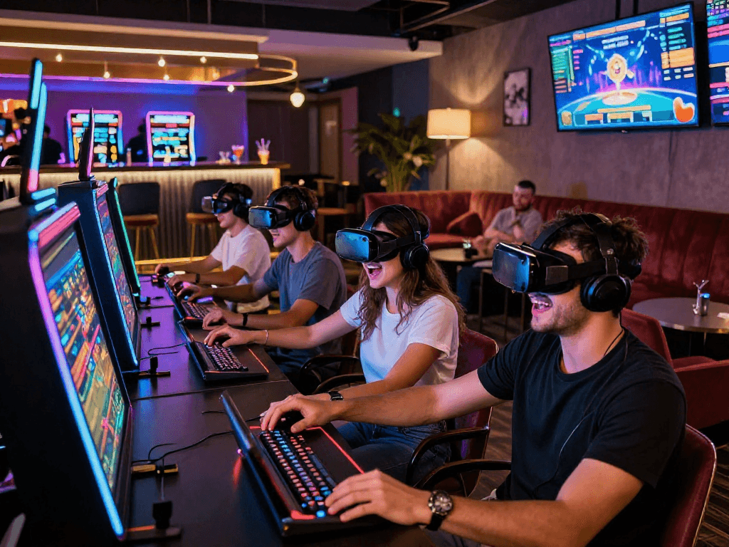 Exciting crypto casino gaming scene with young adults enjoying colorful gaming terminals and VR experiences.
