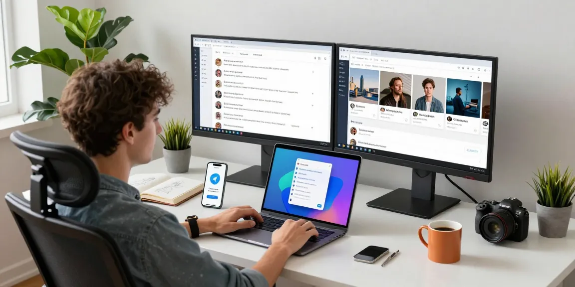 Using Telegram web version in a modern home office setup, featuring dual monitors and smartphone notifications.