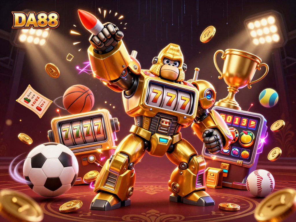 DA88 illustration featuring a golden gorilla mech celebrating wins with casino and sports elements.