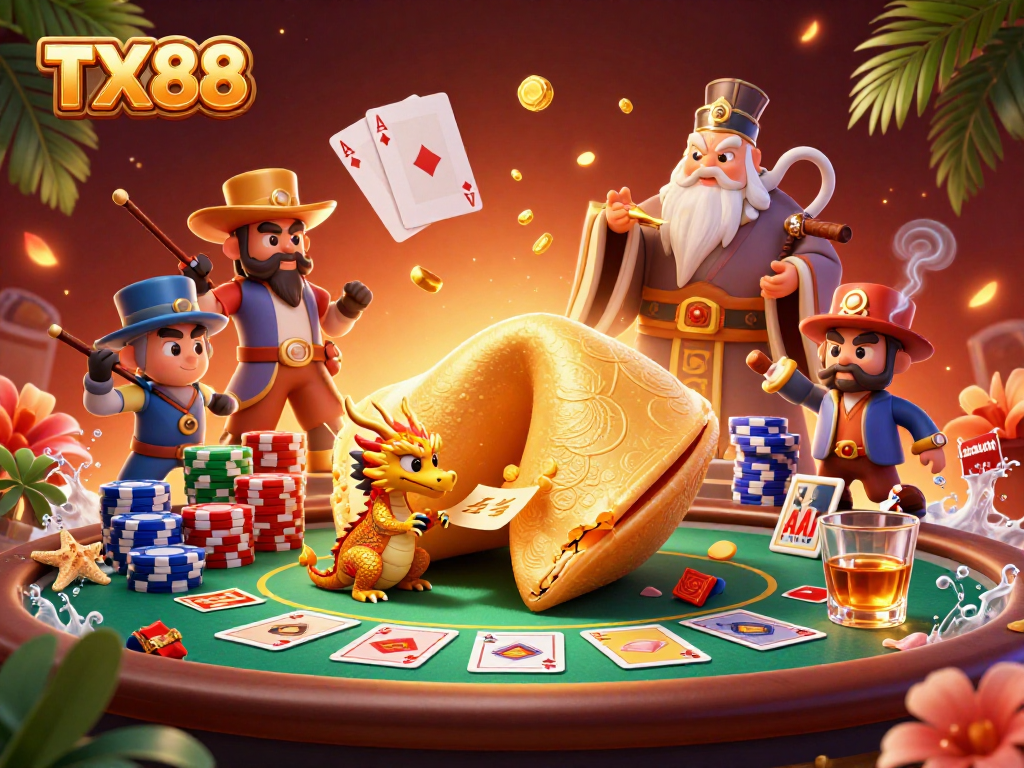 Experience thrilling casino excitement with TX88's dynamic gaming scene featuring fortune cookie characters, poker chips, and rich visuals.