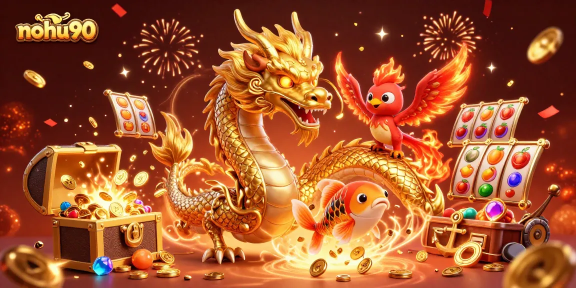 Experience thrilling gameplay at nohu90 with a vibrant casino-themed 3D illustration featuring a dragon and colorful elements.