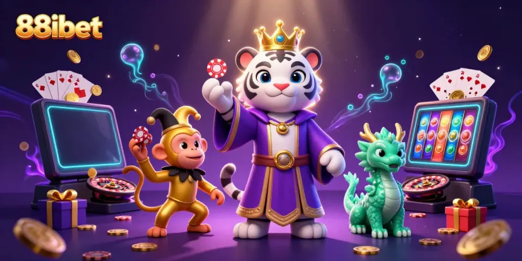 Experience 88ibet's vibrant casino world with a whimsical tiger, monkey, and dragon amidst sparkling game elements.