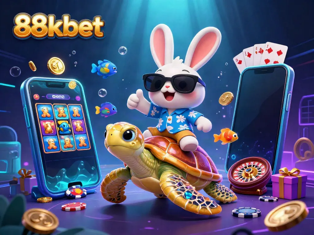 Experience thrilling gameplay with 88kbet's vibrant 3D cartoon scene featuring a lucky rabbit and a sea turtle.