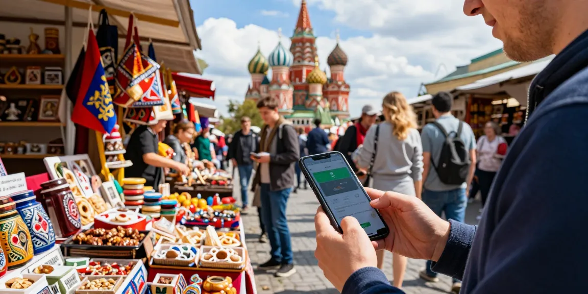 Experiencia de pago fácil para turistas en un mercado de Rusia usando https://payinrussia.com/ durante un día soleado.