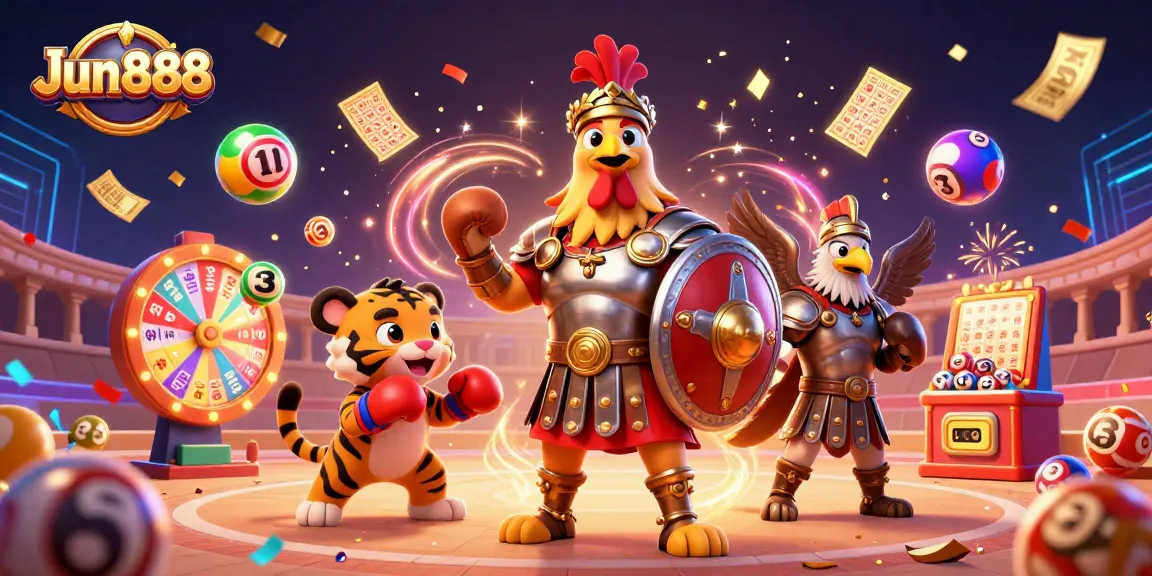 Win big at Jun888 with a lively 3D scene of a gladiator rooster and lottery excitement.