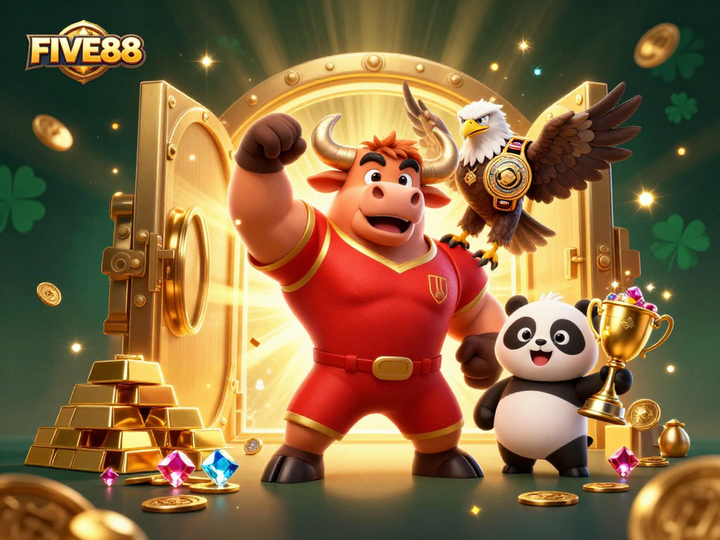 Experience the thrill of FIVE88 with a victorious bull mascot, eagle champion, and joyful panda amid a gleaming treasure scene.