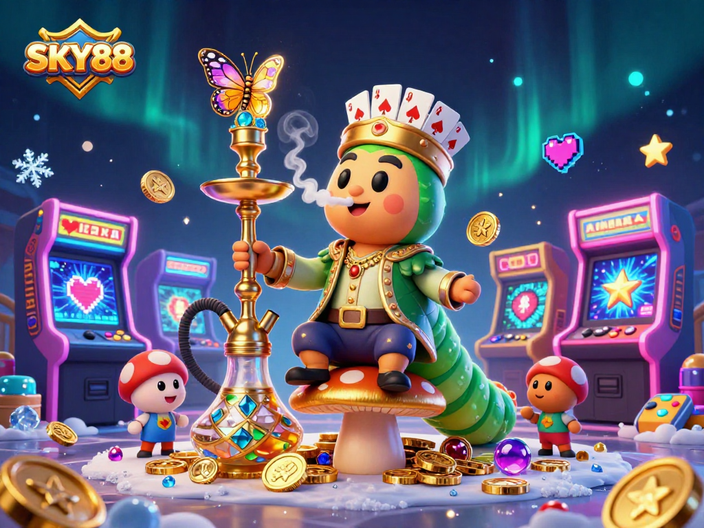 Experience thrilling gaming at SKY88 with an enchanting caterpillar hookah-master and shimmering coins.