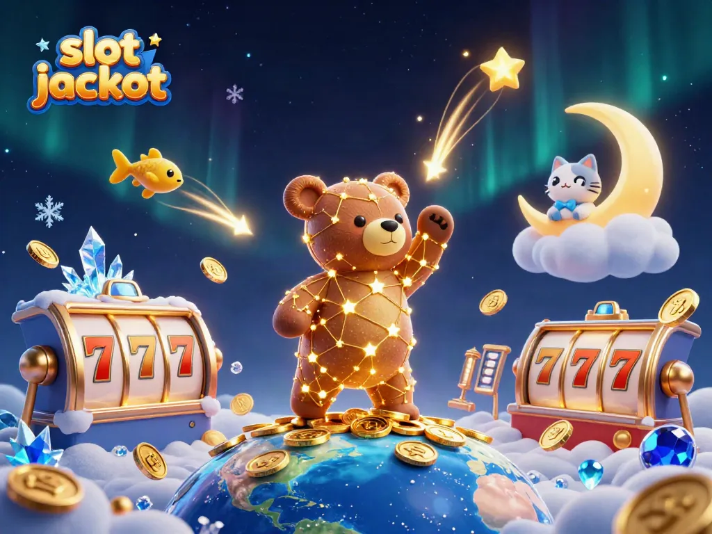 Experience thrilling slot jackpot moments with a whimsical illustration of a gold constellation bear and magical casino elements.
