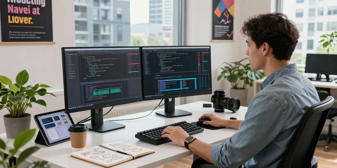 Developer coding at a modern workspace, highlighting WPS Official Website tools in a vibrant tech environment.