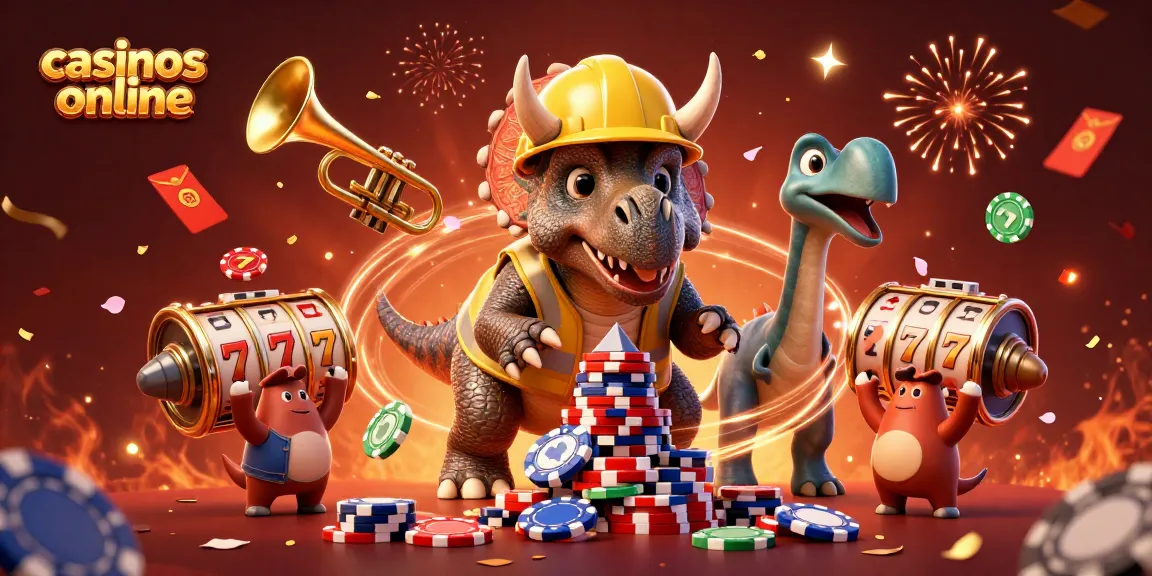 Cheerful characters celebrating at a vibrant casinos online scene with poker chips and slot reels.
