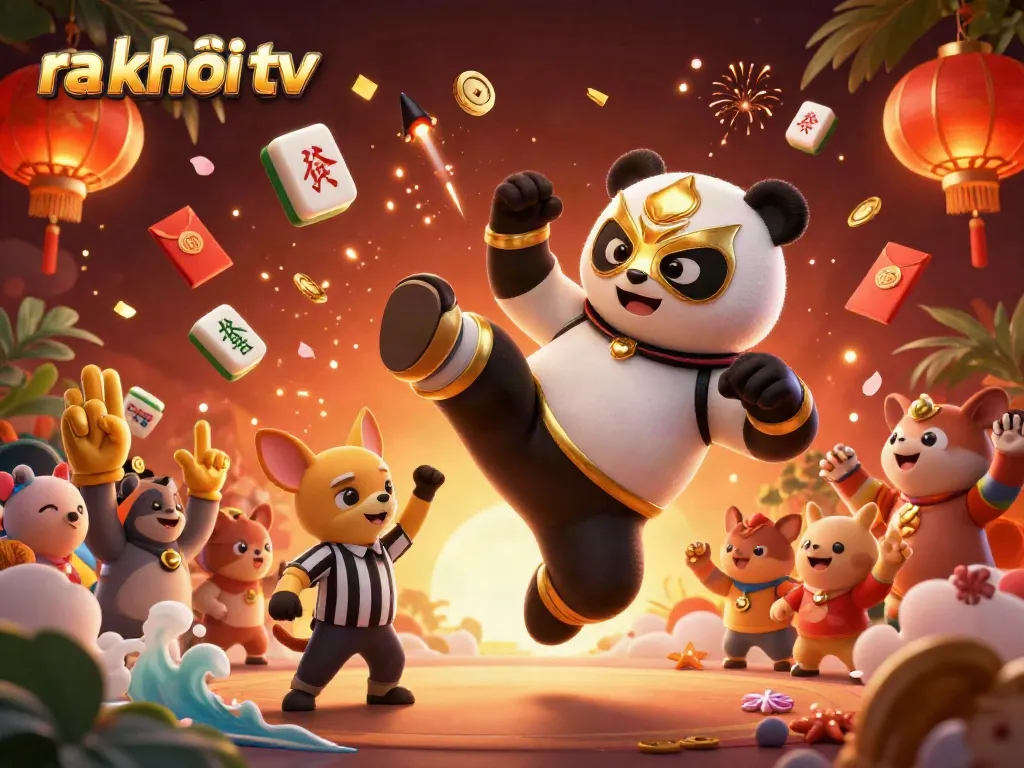 Watch ra khơi tv as a panda champion performs a flying kick in an exciting gambling-themed scene with festive elements.