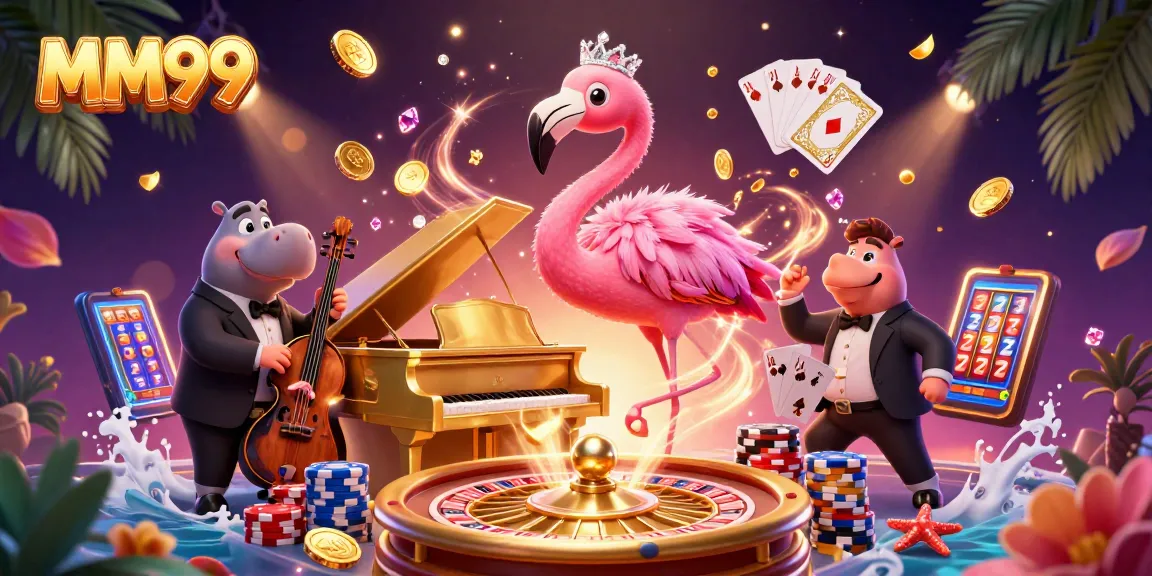 Experience exciting gaming at MM99, featuring vibrant casino characters amidst cascading coins and poker chips.