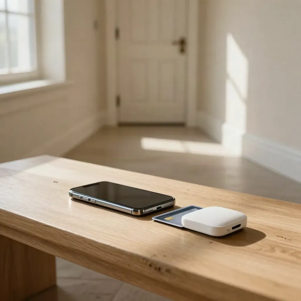 Smartphone, bankkort och kontaktlös betalpryl i en ljus hall vid en stängd dörr.