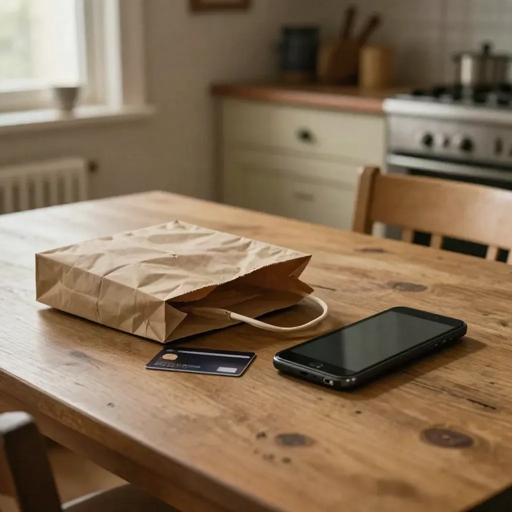 Köksbord med leveranspåse, bankkort och mobil i mjukt kvällsljus.