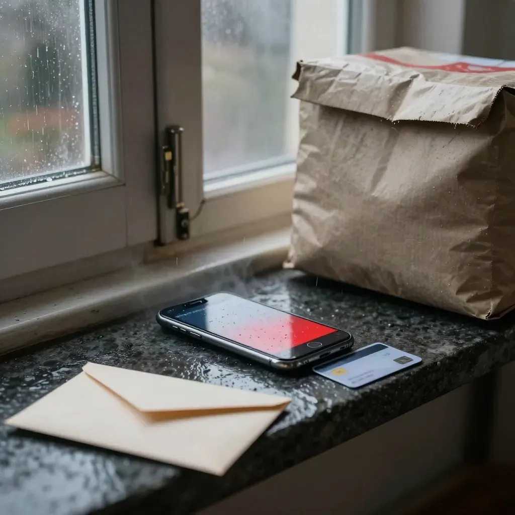 Regnspeckad mobil, paket och kort vid en dörr i gryningsregn