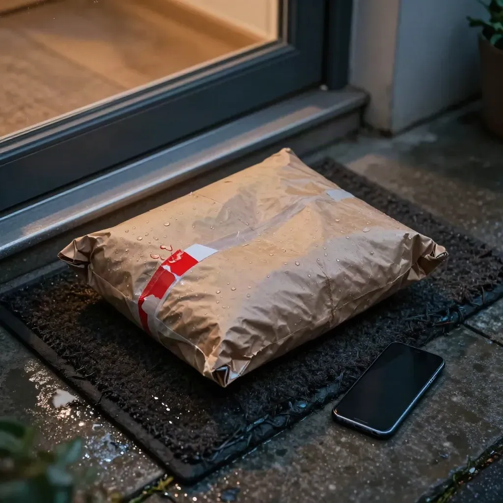 Blött paket och mobil på yttertröskel i regn, med kvällsmörkret och en röd detalj.