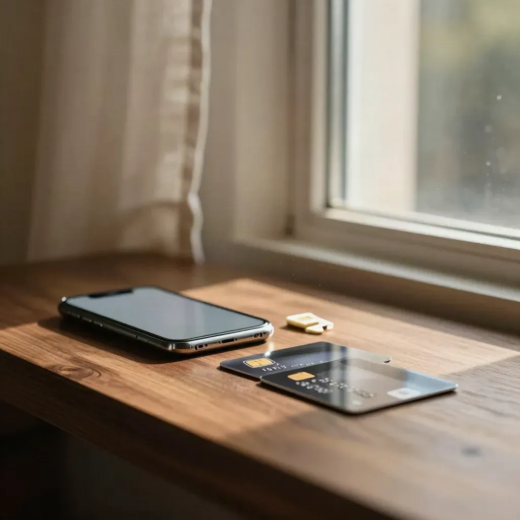 Smartphone, två betalkort och SIM-korthållare vid ett fönsterbord i varmt kvällsljus.