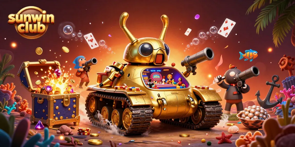 Sunwin Club delights players with a vibrant 3D casino scene featuring dynamic game elements and gold treasures.