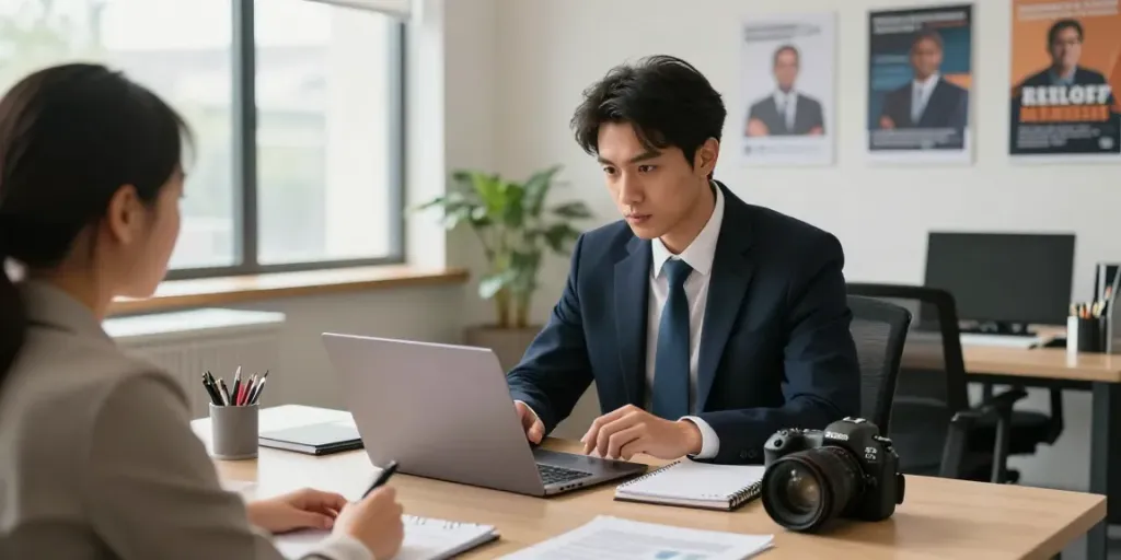 Business investigator consulting clients at https://goodtam.com in a modern office setting.