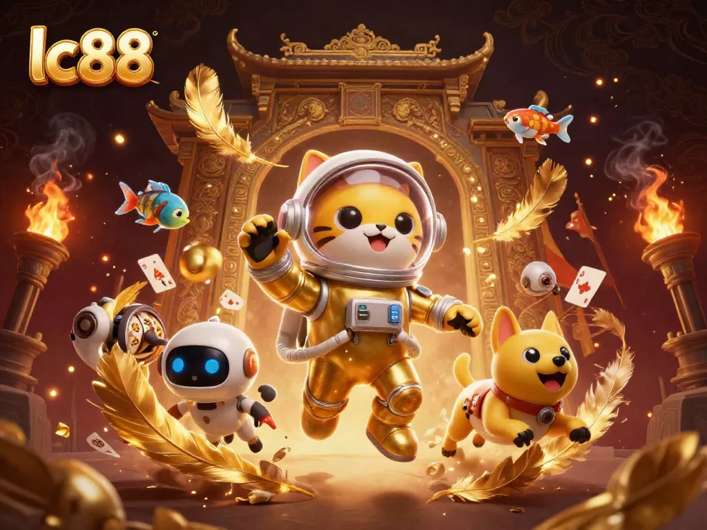 Experience high-stakes excitement at lc88 with a vibrant casino-themed illustration featuring a space astronaut cat.
