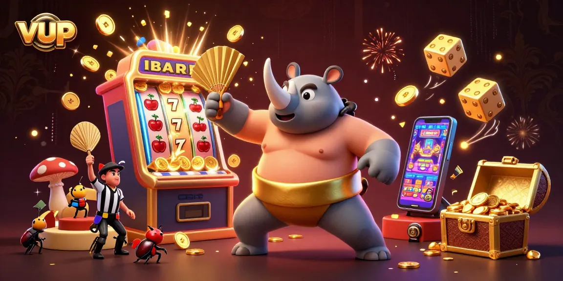 Experience excitement at vup with a sumo beetle champion celebrating a jackpot in 3D illustration.