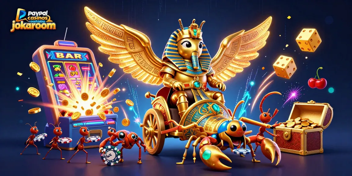 Experience the thrill at paypal casinos australia jokaroom with a majestic golden scarab in a dynamic casino scene.