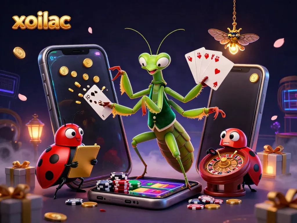 Get ready to win with xoilac's dynamic casino scene showcasing vibrant slot games and lively characters.