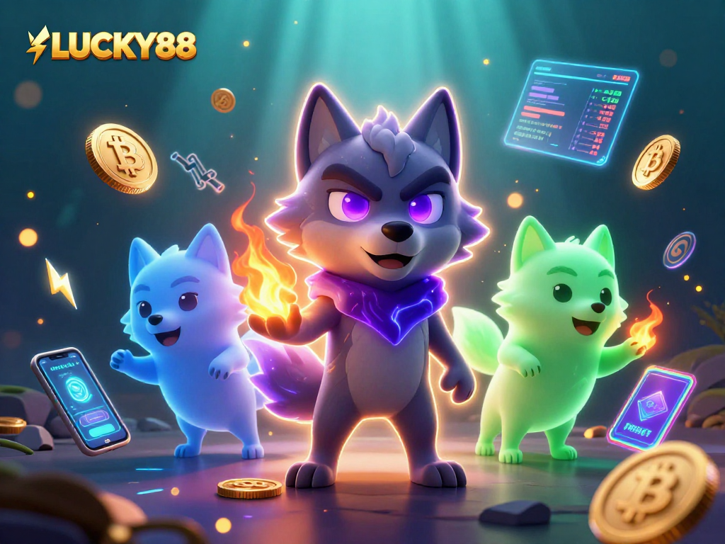 LUCKY88 players winning with ghostly wolves amidst Bitcoin and Ethereum coins in a dynamic casino scene.