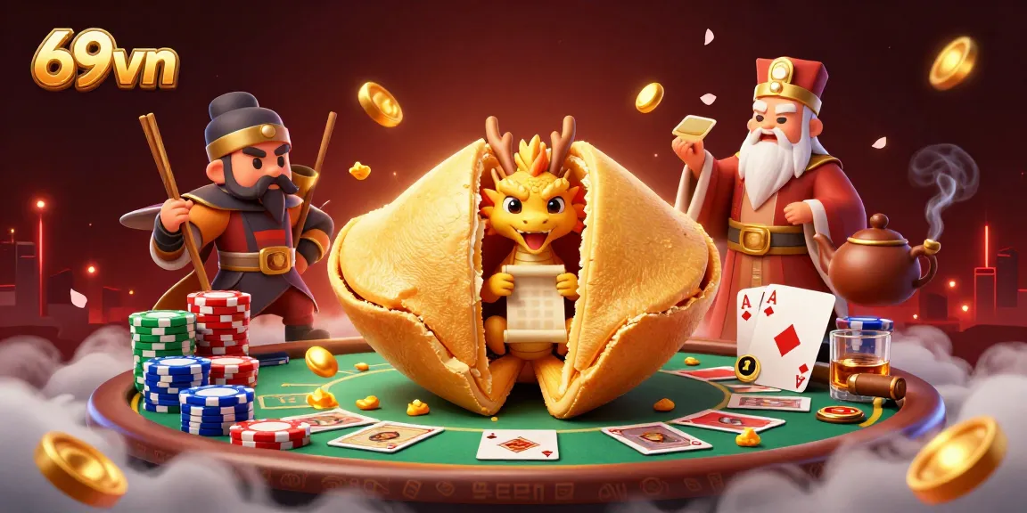 Engage with 69vn's lively casino scene featuring a golden fortune cookie and poker elements.