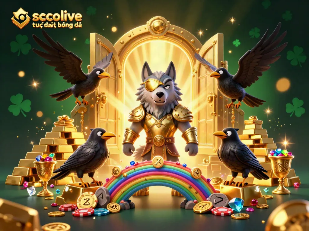 Socolive trực tiếp bóng đá illustration showcasing an Odin wolf and ravens amongst casino chip rainbow bridge.