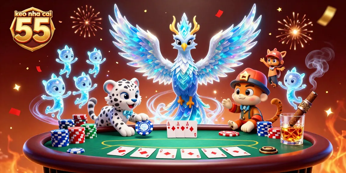 Engage in thrilling bets with keo nha cai 55 amid vibrant casino festivities with a phoenix and playful cub.