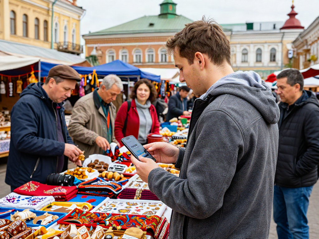 Un turista usando https://payinrussia.com/ en un mercado ruso, rodeado de productos locales vibrantes.