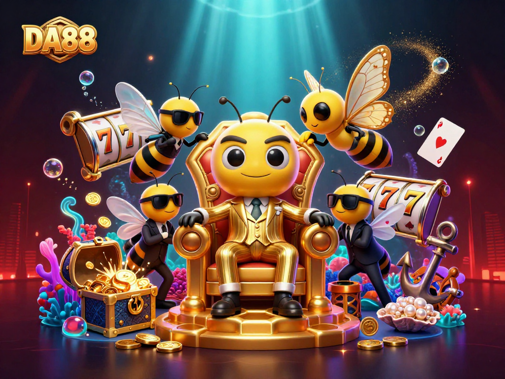 Experience thrilling gameplay at DA88 with a lively 3D bumblebee mob boss and colorful casino elements.
