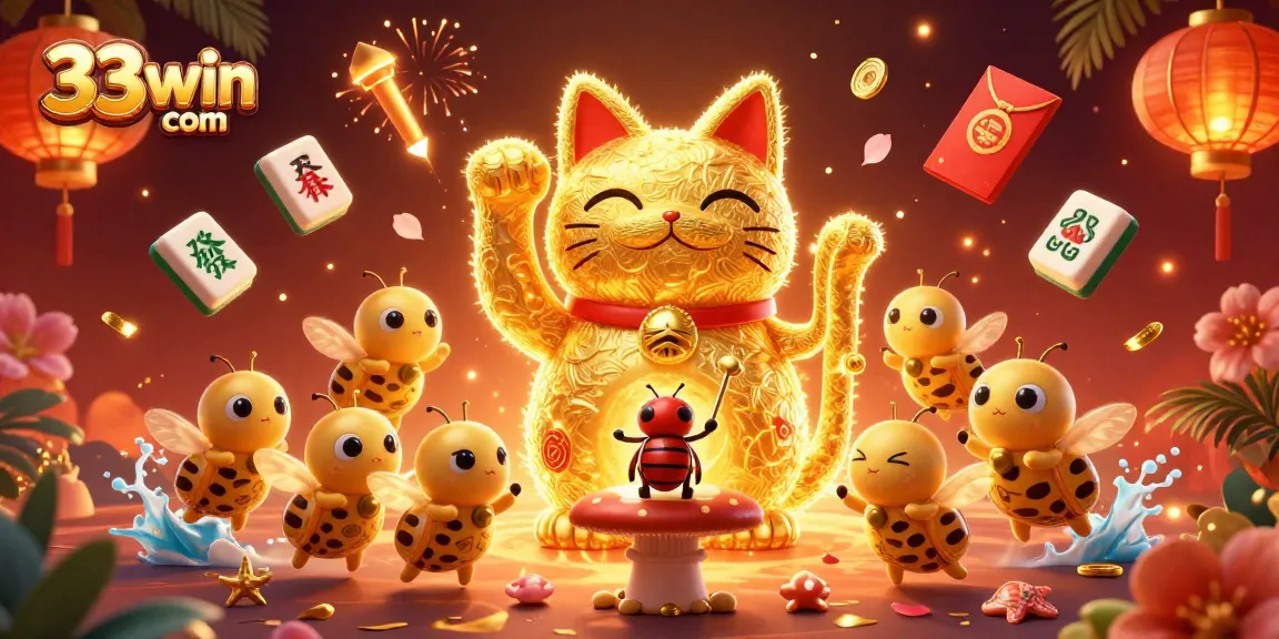 Experience the excitement at 33win com with a giant lucky cat amidst vibrant casino symbols, capturing the thrill of gaming.