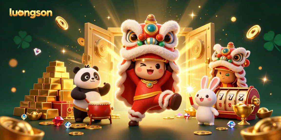 Experience excitement at luongson with lively characters, treasures, and slot elements in dynamic scene.