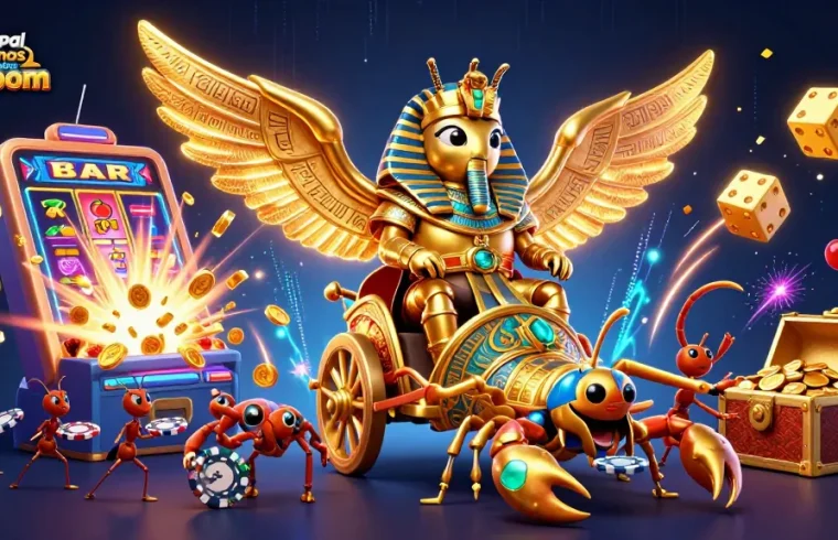 Experience the thrill at paypal casinos australia jokaroom with a majestic golden scarab in a dynamic casino scene.