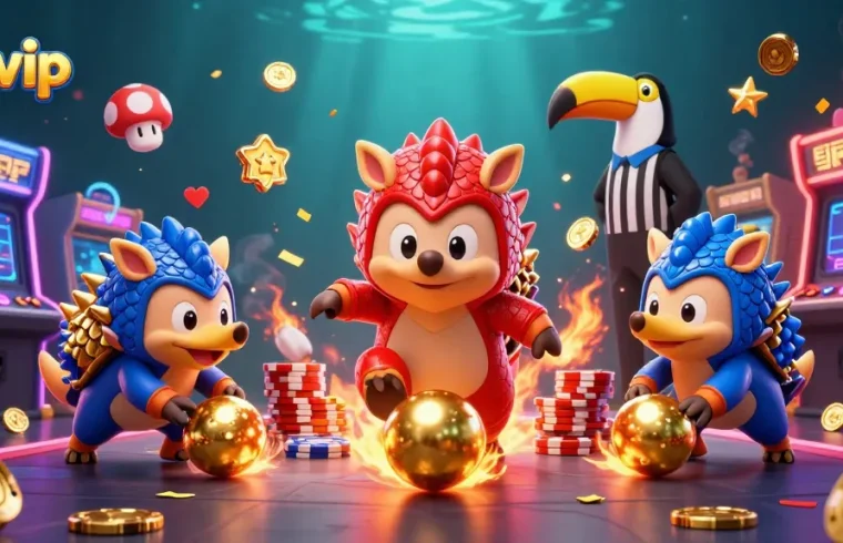 Experience thrilling gameplay at rikvip with vibrant pangolins battling through poker chips in a 3D casino.