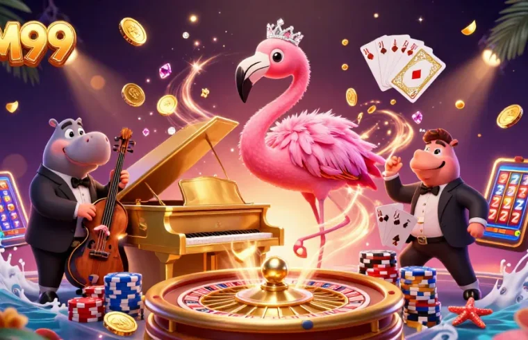 Experience exciting gaming at MM99, featuring vibrant casino characters amidst cascading coins and poker chips.